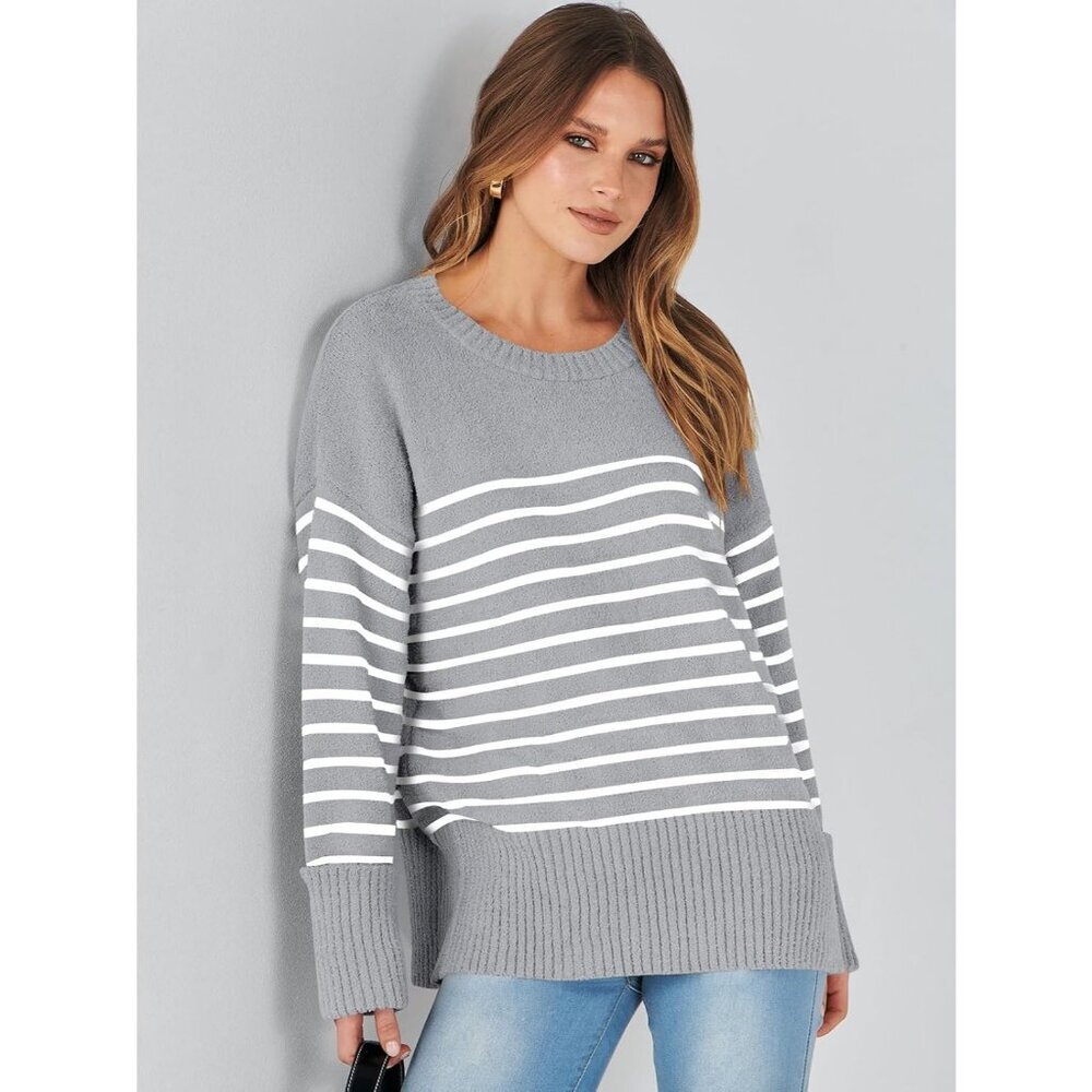 Women's Grey White Stripe Oversized Long Sleeve Casual Fuzzy Knit Sweaters - Picture 9 of 9